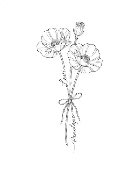 A fine-line tattoo design of two poppy stems tied together, with the names Levi and Penelope