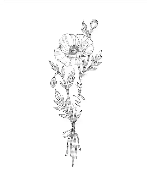 A fine-line tattoo design of a poppy with the name Wyatt along its stem