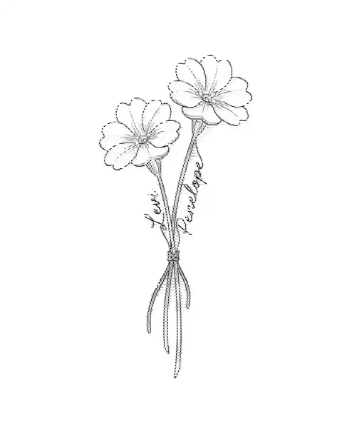 A fine-line tattoo design of two primrose stems tied together, with the names Levi and Penelope