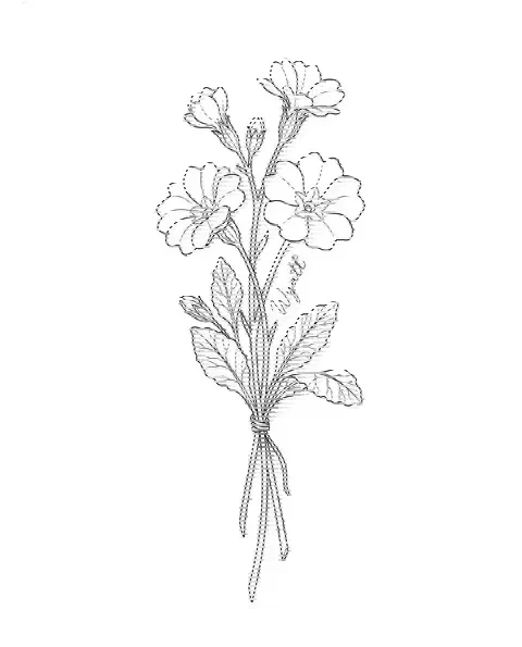 A fine-line tattoo design of a primrose with the name Wyatt along its stem