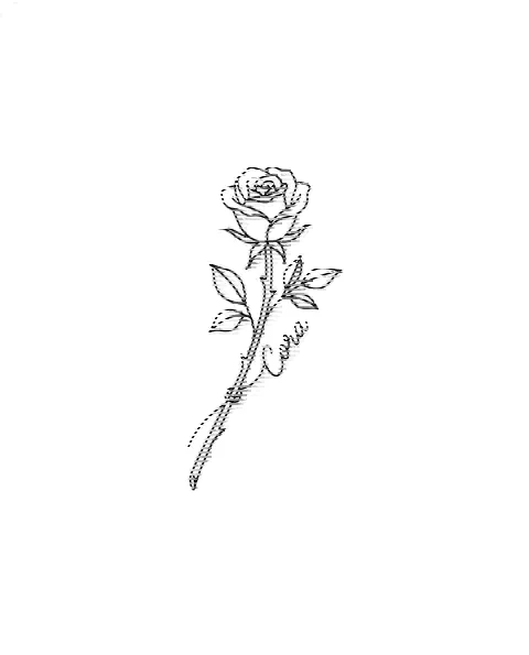 A minimal tattoo design of a small rose with the name Cora