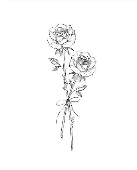 A fine-line tattoo design of two rose stems tied together, with the names August and Wren
