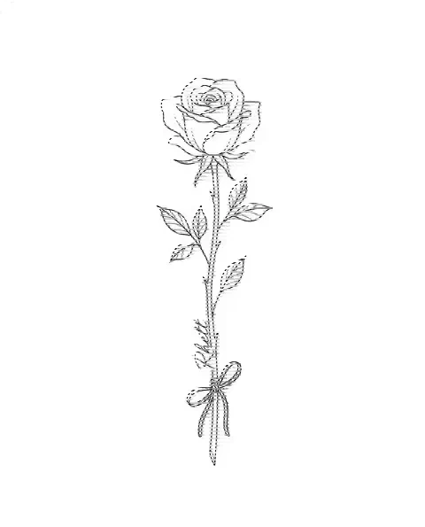 A fine-line tattoo design of a rose with the name Rhett along its stem