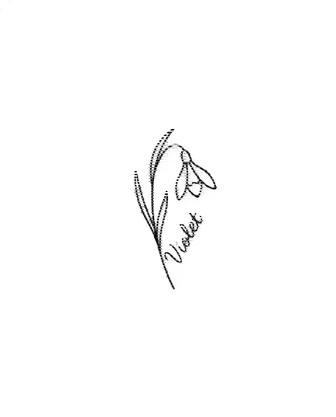 A minimal tattoo design of a small snowdrop with the name Violet