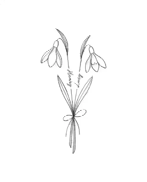 A fine-line tattoo design of two snowdrop stems tied together, with the names Henry and Lucy