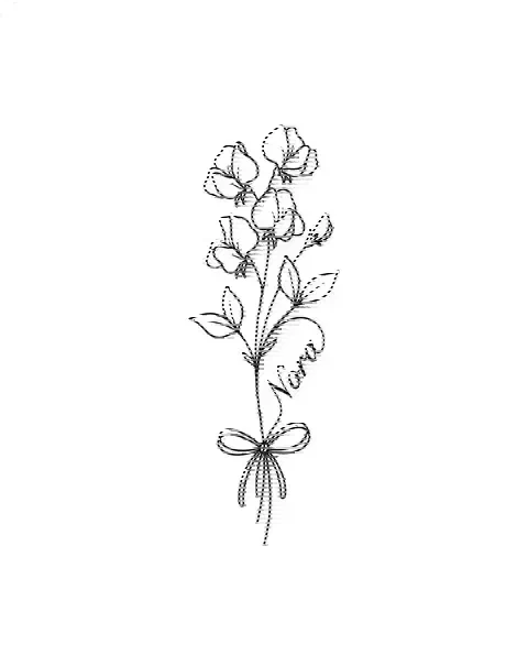 A minimal tattoo design of a small sweet pea with the name Nora
