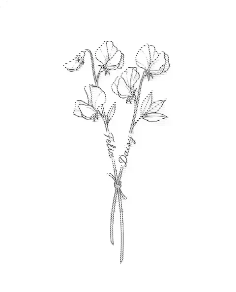 A fine-line tattoo design of two sweet pea stems tied together, with the names Felix and Daisy