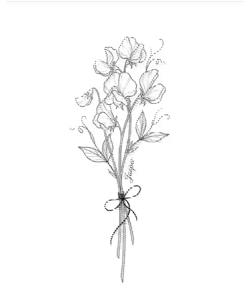 A fine-line tattoo design of a sweet pea with the name Jasper along its stem