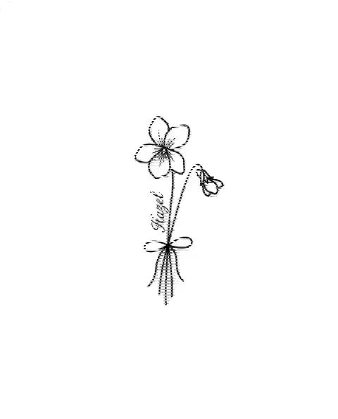 A minimal tattoo design of a small violet with the name Hazel
