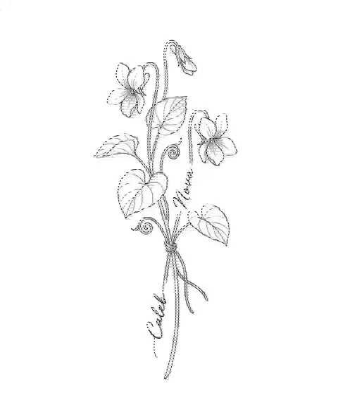 A fine-line tattoo design of two violet stems tied together, with the names Caleb and Nova