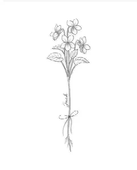 A fine-line tattoo design of a violet with the name Jack along its stem