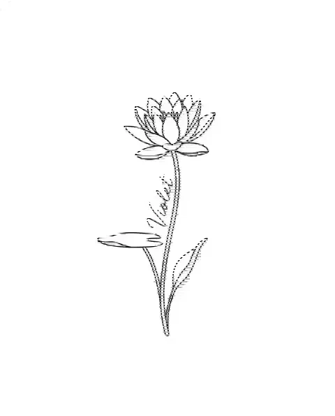 A minimal tattoo design of a small water lily with the name Violet