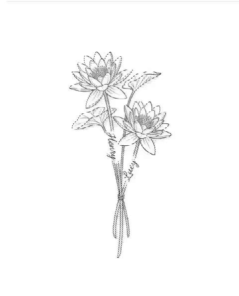 A fine-line tattoo design of two water lily stems tied together, with the names Henry and Lucy