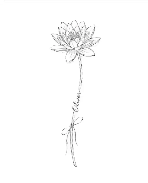 A fine-line tattoo design of a water lily with the name Oliver along its stem