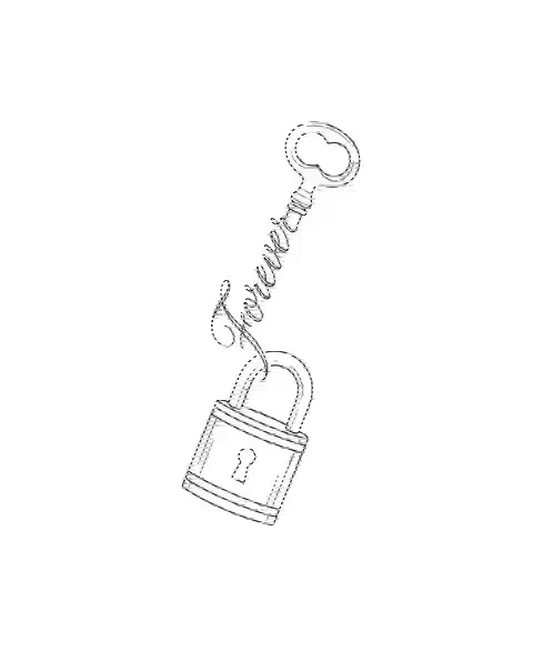 A fine-line tattoo design of a lock and a key for the forearm, with the lettering Forever