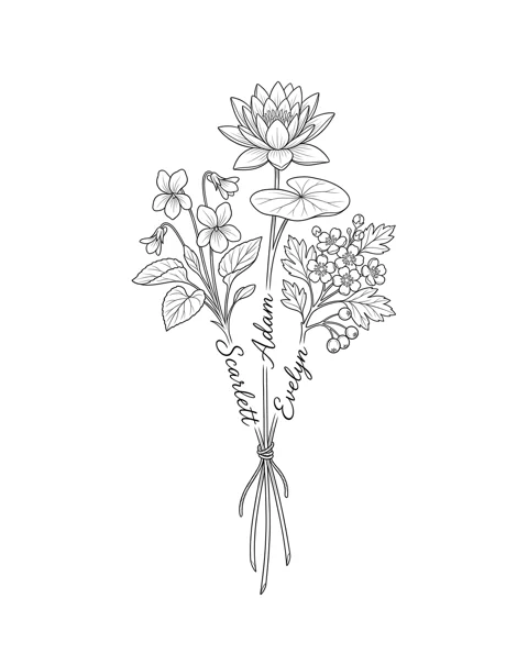 A fine-line tattoo design of violet, water lily and hawthorn tied together in one bouquet, with the names Scarlett, Adam and Evelyn on the stems