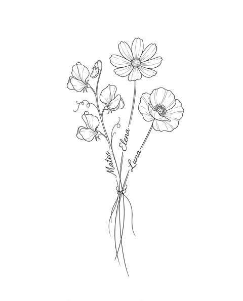 A fine-line tattoo design of sweet pea, cosmos and poppy tied together in one bouquet, with the names Mateo, Elena and Luna on the stems