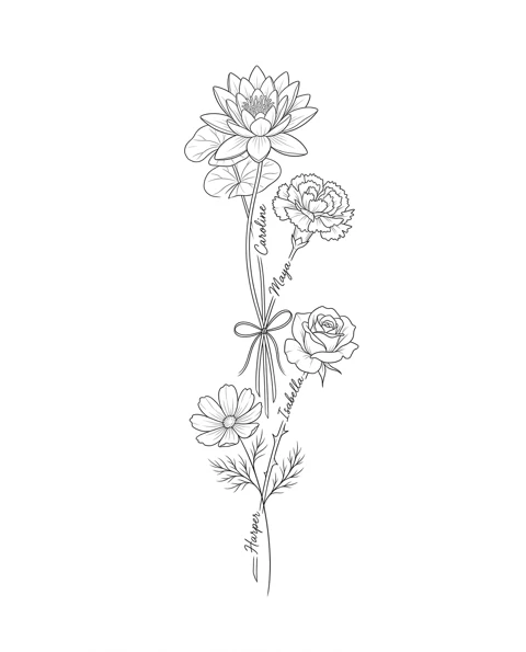 A fine-line tattoo design of water lily, carnation, rose and cosmos tied together in one bouquet, with the names Caroline, Maya, Isabella and Harper on the stems