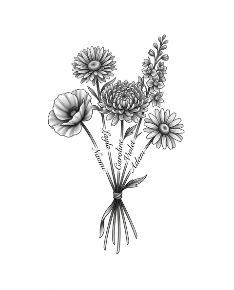A black and grey tattoo design of poppy, aster, chrysanthemum, larkspur and daisy tied together in one bouquet, with the names Naomi, Layla, Caroline, Violet and Adam on the stems