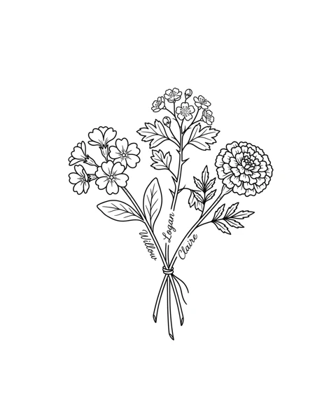 A minimal tattoo design of primrose, hawthorn and marigold tied together in one bouquet, with the names Willow, Logan and Claire on the stems