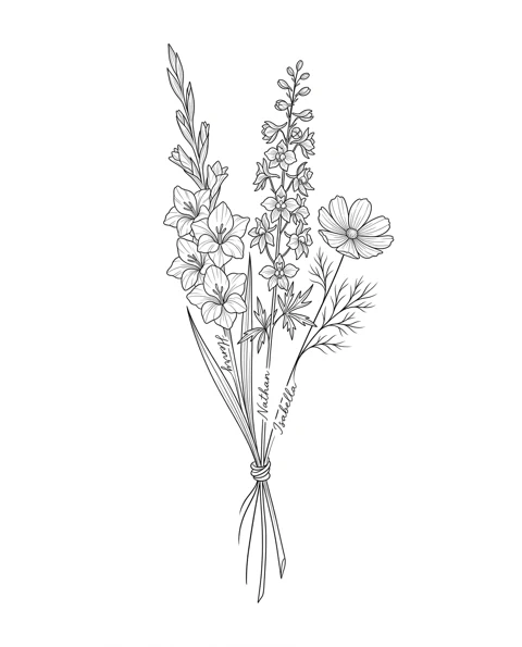 A fine-line tattoo design of gladiolus, larkspur and cosmos tied together in one bouquet, with the names Henry, Nathan and Isabella on the stems