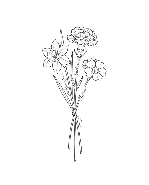 A fine-line tattoo design of narcissus, carnation and primrose tied together in one bouquet, with the names Evelyn, Sadie and Nora on the stems