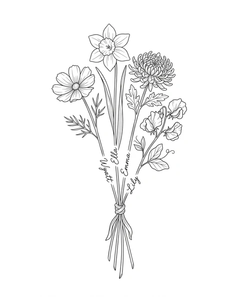A fine-line tattoo design of cosmos, narcissus, chrysanthemum and sweet pea tied together in one bouquet, with the names Wyatt, Ella, Emma and Lily on the stems