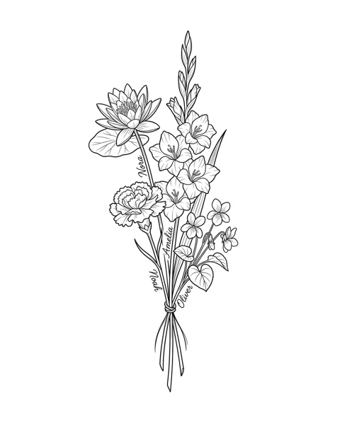 A fine-line tattoo design of water lily, gladiolus, carnation and violet tied together in one bouquet, with the names Nora, Amelia, Noah and Oliver on the stems