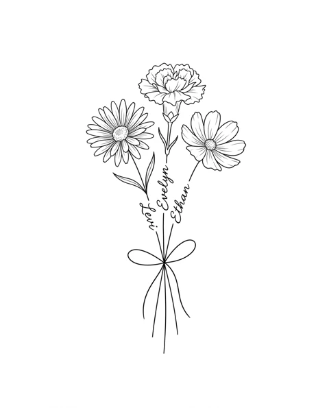 A fine-line tattoo design of aster, carnation and cosmos tied together in one bouquet, with the names Levi, Evelyn and Ethan on the stems