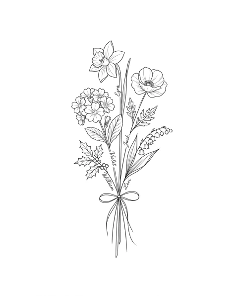 A fine-line tattoo design of daffodil, primrose, poppy, holly and lily of the valley tied together in one bouquet, with the names Ezra, Violet, Jack, William and Levi on the stems