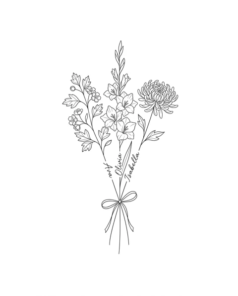 A fine-line tattoo design of hawthorn, gladiolus and chrysanthemum tied together in one bouquet, with the names Ava, Olivia and Isabella on the stems