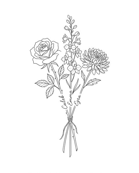 A fine-line tattoo design of rose, larkspur and chrysanthemum tied together in one bouquet, with the names Caleb, Emma and Ezra on the stems
