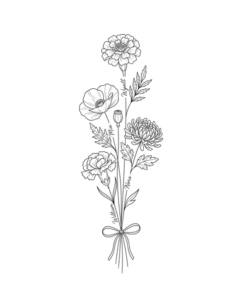 A fine-line tattoo design of marigold, poppy, chrysanthemum and carnation tied together in one bouquet, with the names Wyatt, Mia, Nora and William on the stems