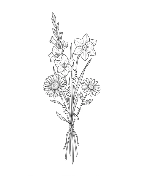 A fine-line tattoo design of gladiolus, narcissus, aster and daisy tied together in one bouquet, with the names Ella, Elijah, Chloe and Jack on the stems