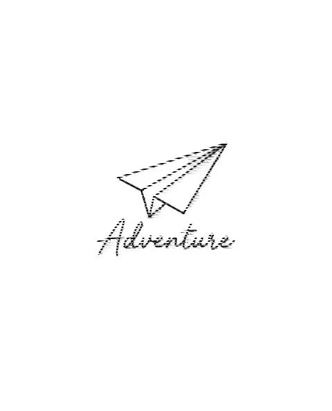 A minimal tattoo design of a small paper airplane for the forearm, with the lettering Adventure