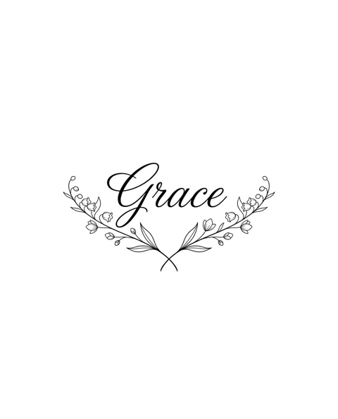 A fine-line name tattoo design framed by flower sprigs for the chest, with the lettering Grace