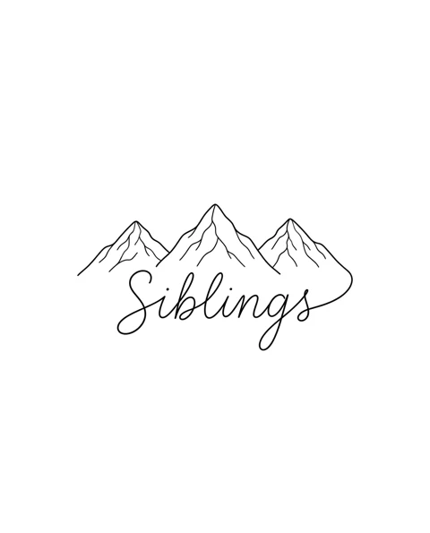 A fine-line tattoo design of three small mountains in a row for the forearm, with the lettering Siblings