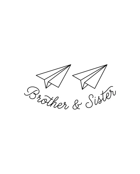 A fine-line tattoo design of two paper airplanes flying side by side for the wrist, with the lettering Brother & Sister