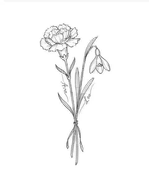 A fine-line tattoo design of carnation and snowdrop tied together, with the names Ava and Leo on the stems