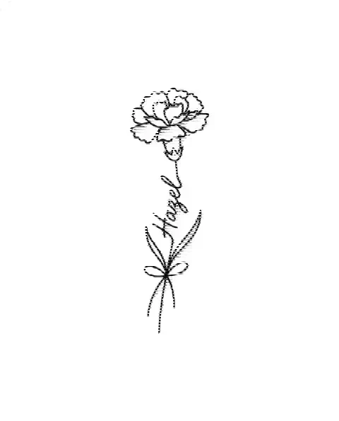 A minimal tattoo design of a single carnation with the name Hazel on its stem