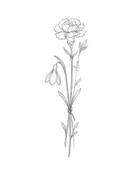 A fine-line tattoo design of carnation and snowdrop tied together, with the name Ava on a stem