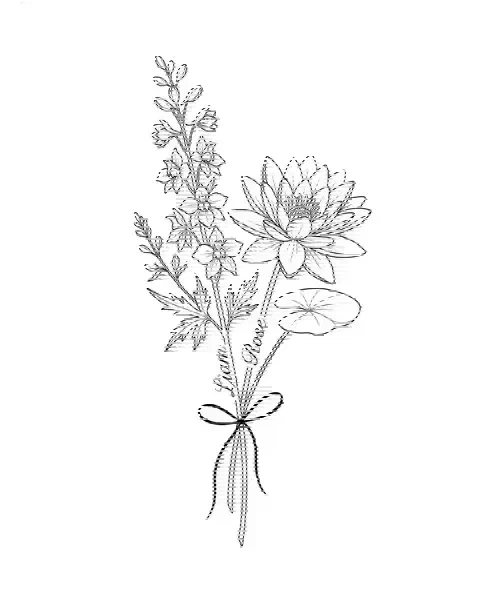 A fine-line tattoo design of larkspur and water lily tied together, with the names Liam and Rose on the stems