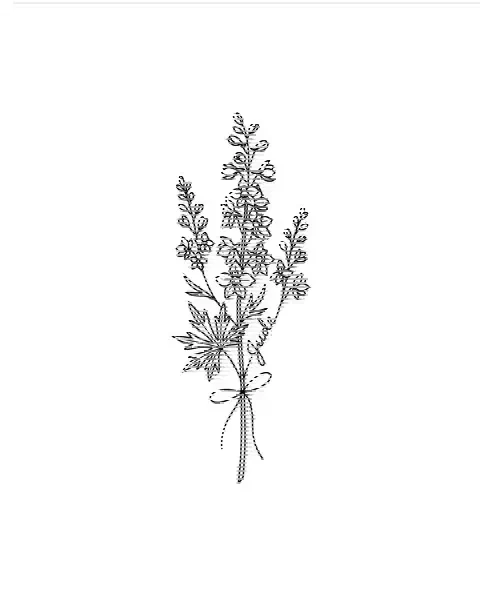 A minimal tattoo design of a single larkspur with the name Jude on its stem