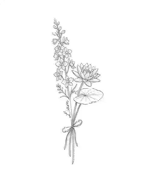 A fine-line tattoo design of larkspur and water lily tied together, with the name Liam on a stem