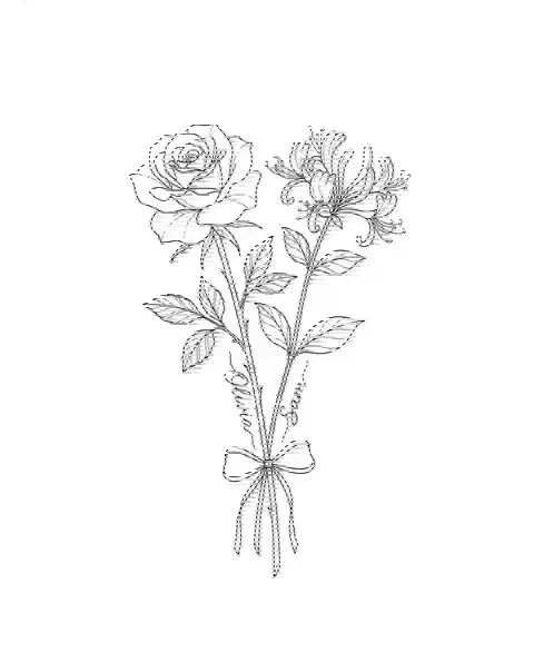 A fine-line tattoo design of rose and honeysuckle tied together, with the names Olivia and Sam on the stems