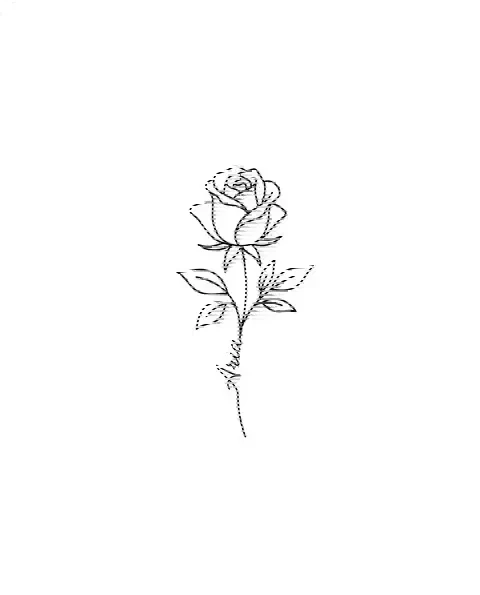 A minimal tattoo design of a single rose with the name Aria on its stem