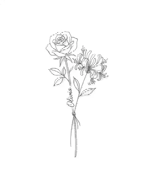 A fine-line tattoo design of rose and honeysuckle tied together, with the name Olivia on a stem