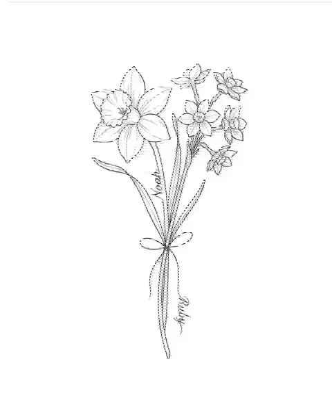 A fine-line tattoo design of daffodil and jonquil tied together, with the names Noah and Ruby on the stems