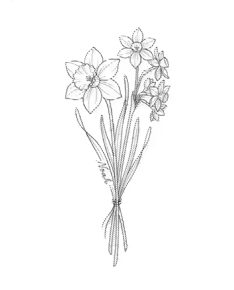 A fine-line tattoo design of daffodil and jonquil tied together, with the name Noah on a stem