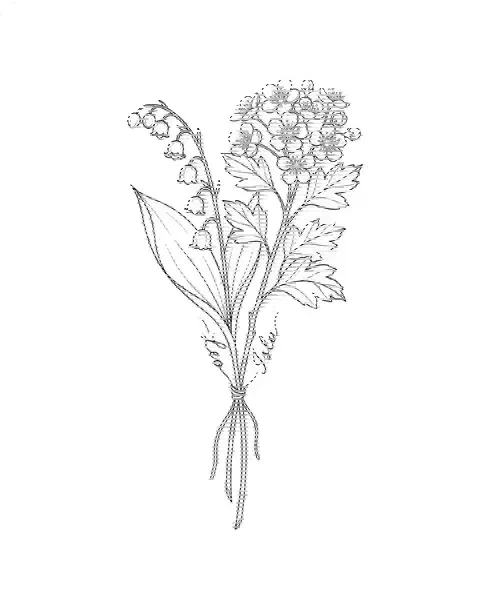 A fine-line tattoo design of lily of the valley and hawthorn tied together, with the names Leo and Isla on the stems